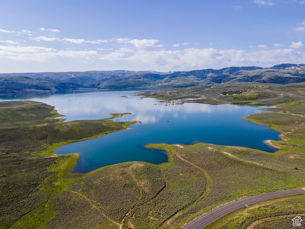 Drone / aerial view featuring a water and mountain view