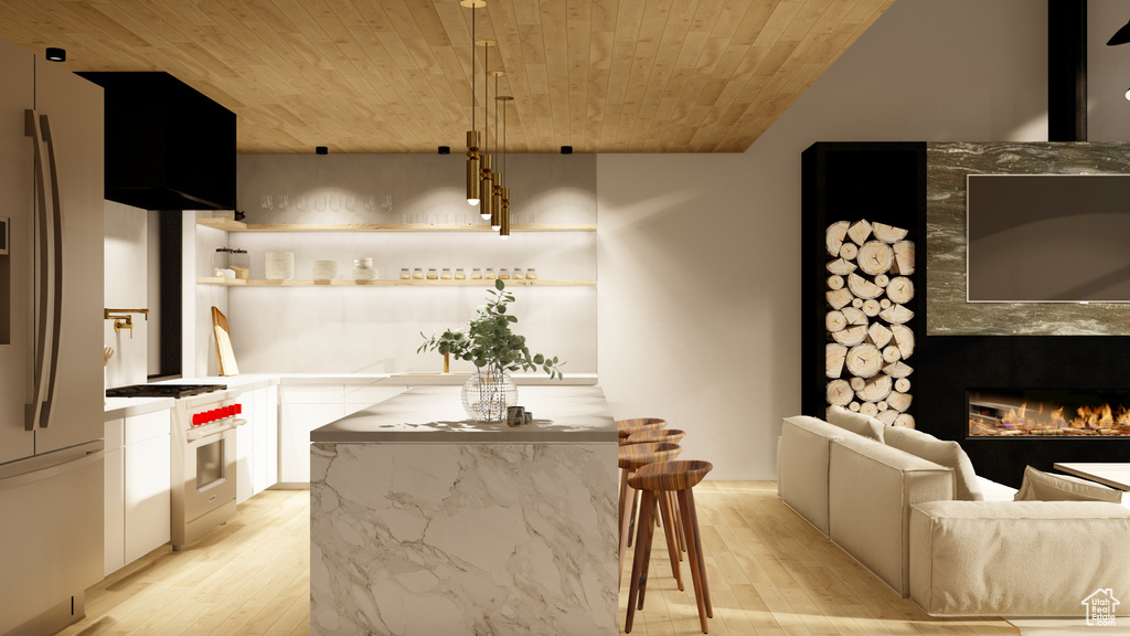 Kitchen featuring light hardwood / wood-style floors, hanging light fixtures, wooden ceiling, white cabinetry, and white appliances