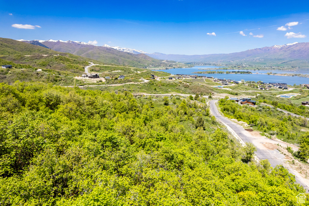 Drone / aerial view featuring a water and mountain view