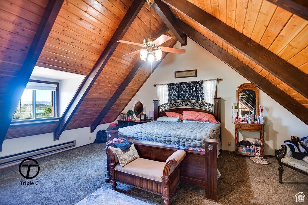 Carpeted bedroom with ceiling fan, lofted ceiling with beams, and wooden ceiling