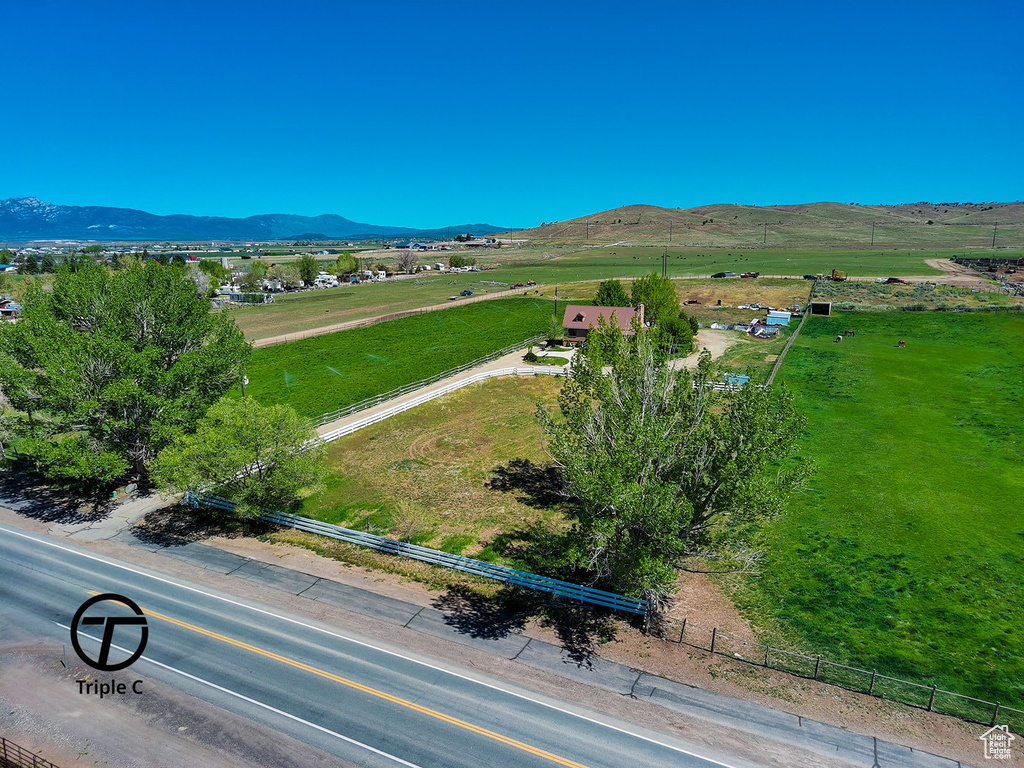 Aerial view featuring a mountain view and a rural view