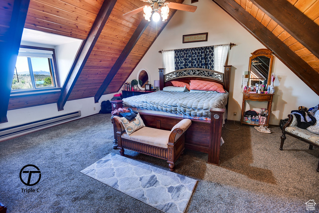 Carpeted bedroom featuring vaulted ceiling with beams, a baseboard radiator, ceiling fan, and wood ceiling