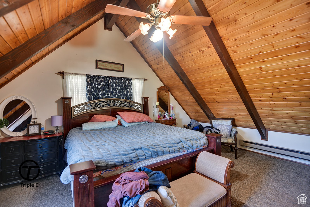 Bedroom with carpet flooring, vaulted ceiling with beams, ceiling fan, and wood ceiling