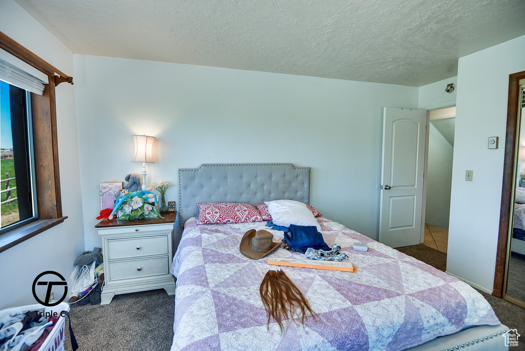 Bedroom featuring a textured ceiling and dark colored carpet