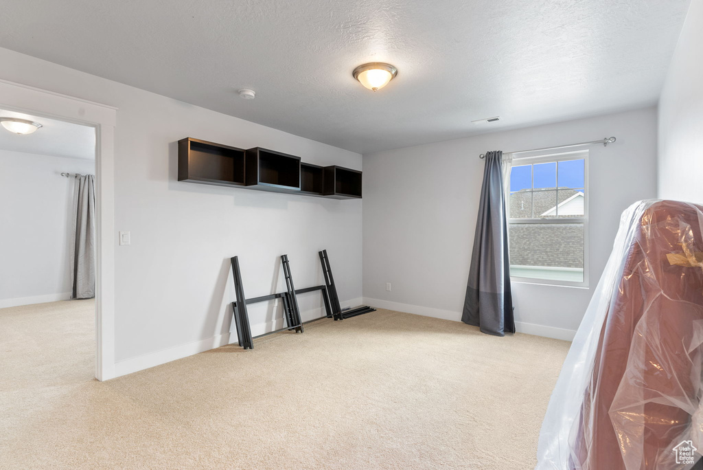 Interior space with light colored carpet and a textured ceiling