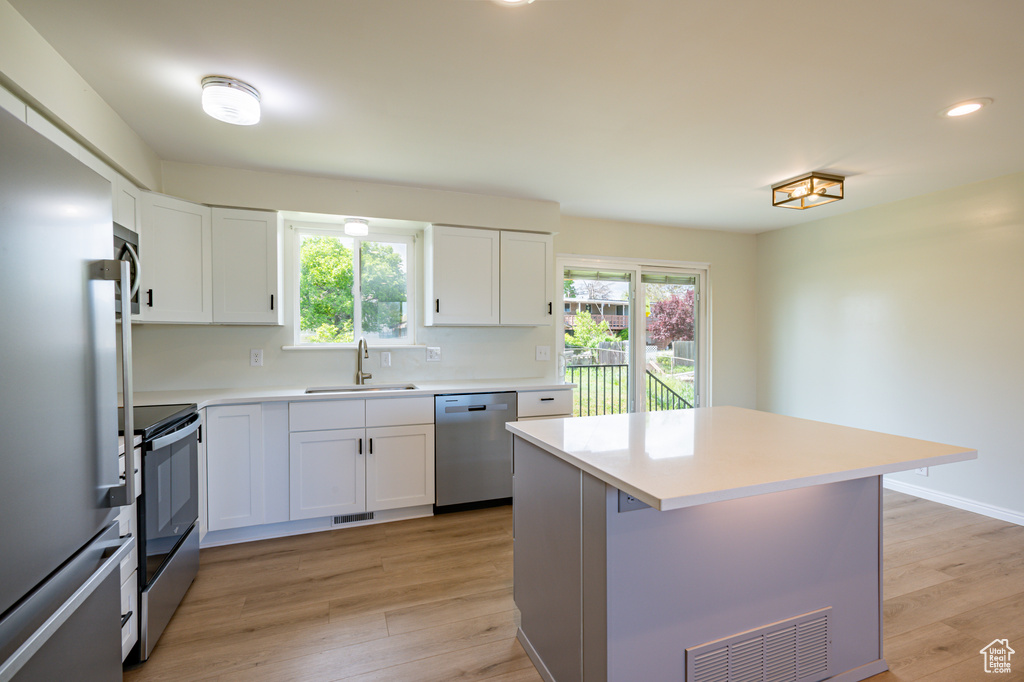 Kitchen featuring stainless steel appliances, a healthy amount of sunlight, sink, and light hardwood / wood-style flooring