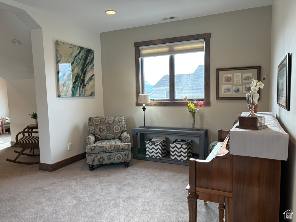 Living area with carpet floors