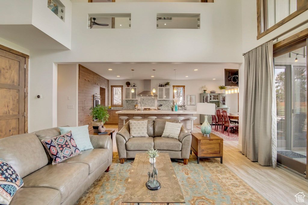 Living room featuring a high ceiling and light wood-type flooring