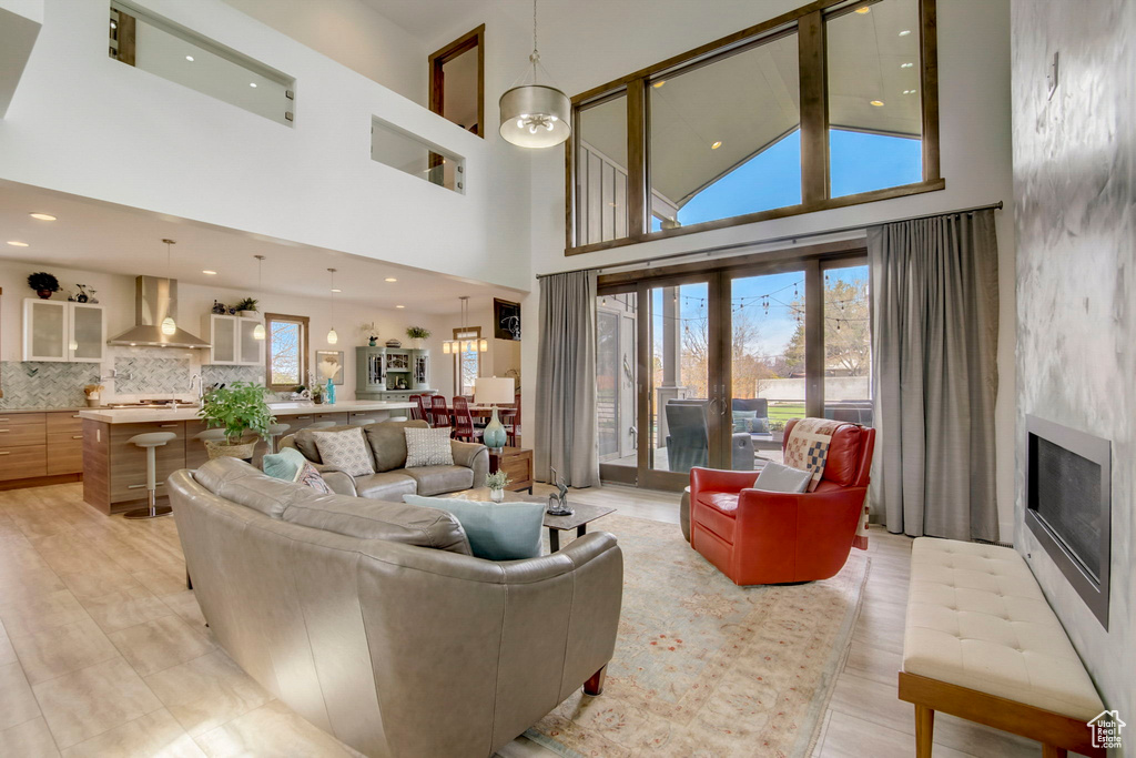 Living room featuring a towering ceiling