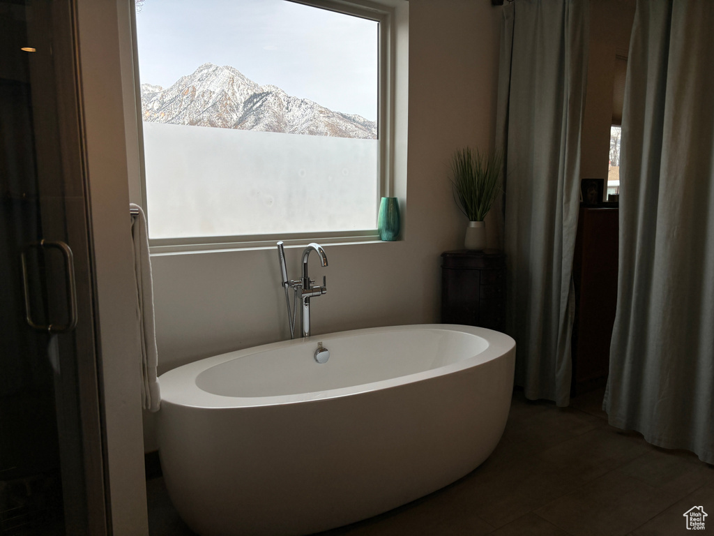 Bathroom featuring a wealth of natural light, a mountain view, and a bathing tub