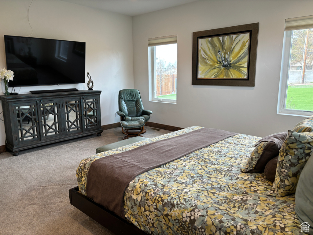 Bedroom featuring carpet and multiple windows