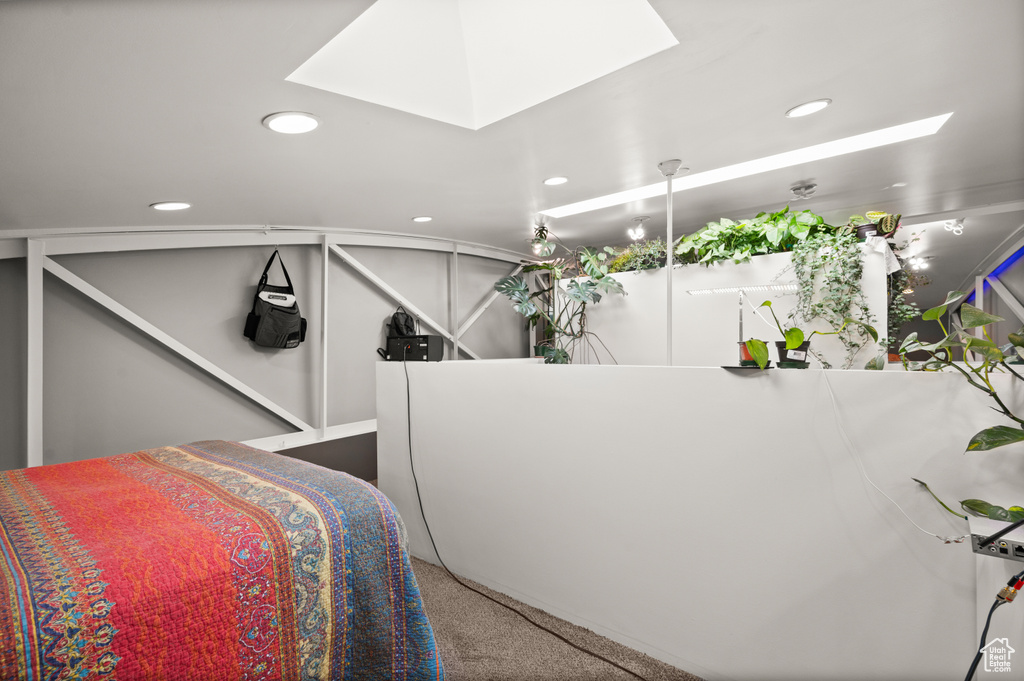 Bedroom with carpet flooring and a skylight