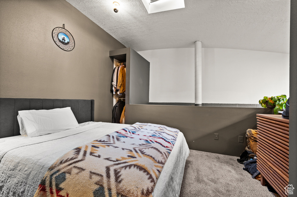 Bedroom featuring a skylight, a textured ceiling, and carpet flooring