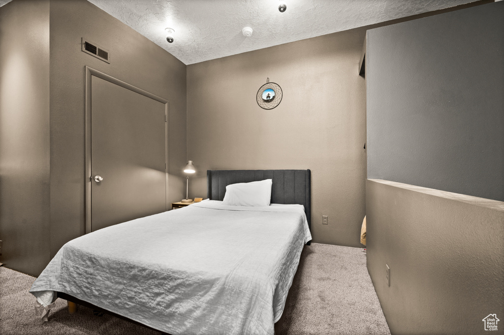 Carpeted bedroom featuring a textured ceiling