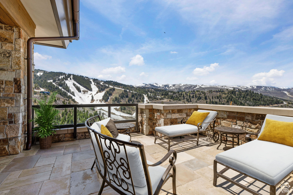 View of patio / terrace with a mountain view