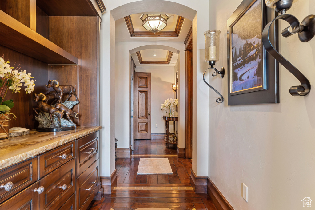 Hall featuring a tray ceiling, ornamental molding, and dark hardwood / wood-style flooring