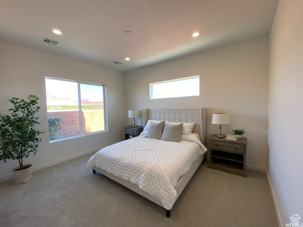 Carpeted bedroom with multiple windows