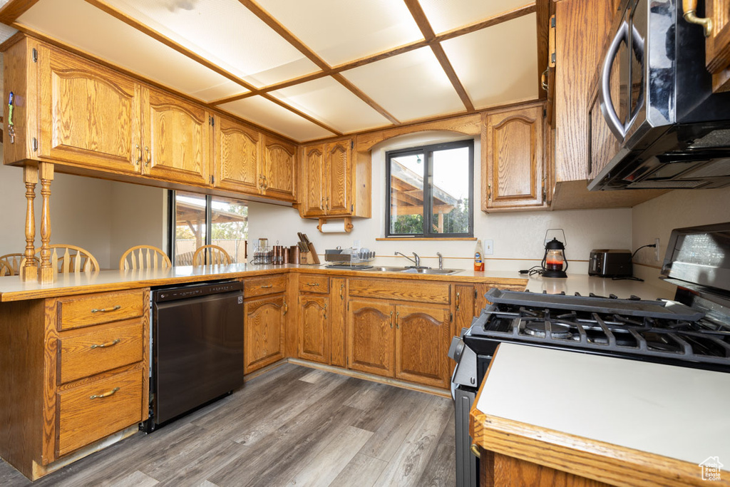 Kitchen featuring a healthy amount of sunlight, dishwasher, hardwood / wood-style flooring, and range with gas cooktop
