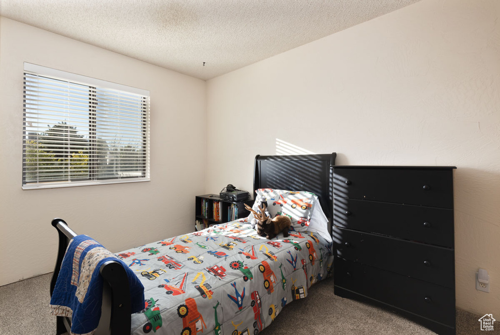 Carpeted bedroom with a textured ceiling