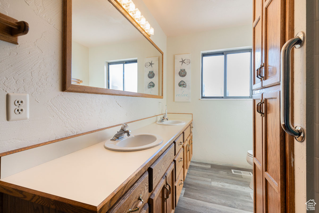 Bathroom featuring a wealth of natural light, wood-type flooring, oversized vanity, and double sink
