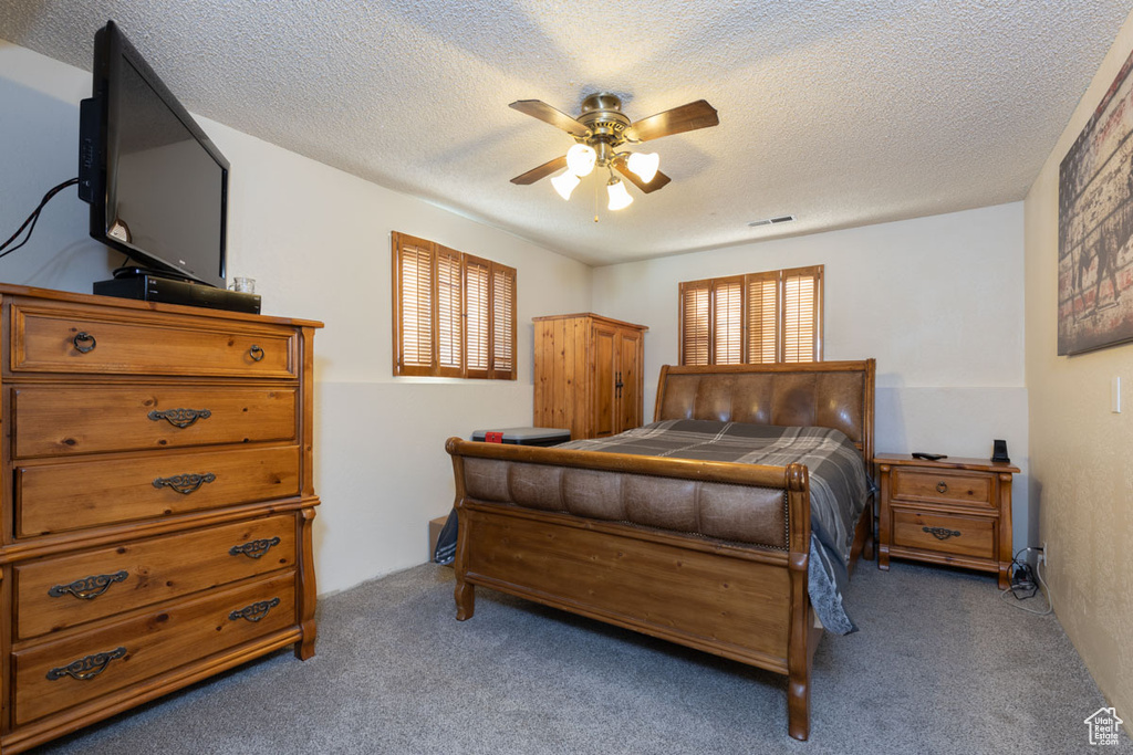 Carpeted bedroom featuring a textured ceiling, multiple windows, and ceiling fan