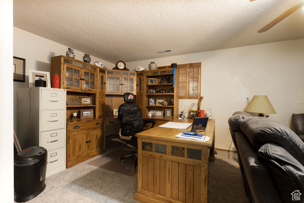 Office area featuring a textured ceiling, carpet, and ceiling fan