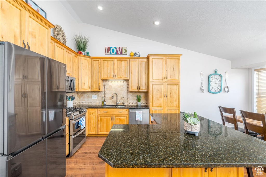 Kitchen featuring light hardwood / wood-style flooring, tasteful backsplash, stainless steel appliances, vaulted ceiling, and sink