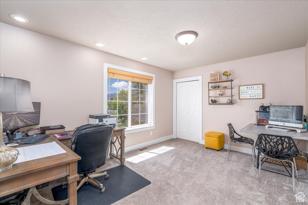 Office space with a textured ceiling and carpet flooring