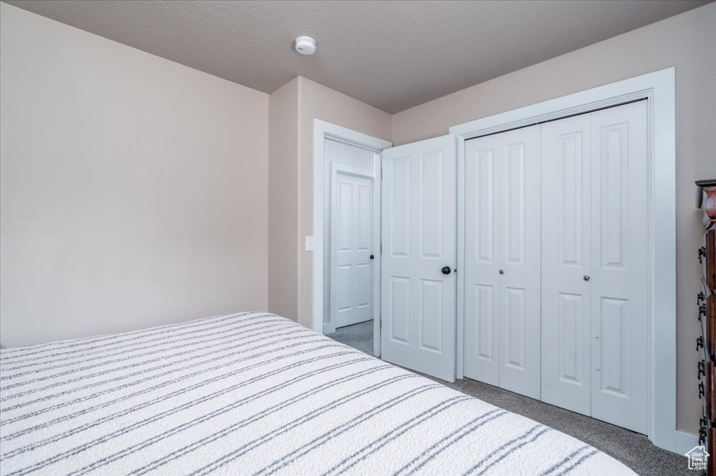 Bedroom with a closet and dark carpet