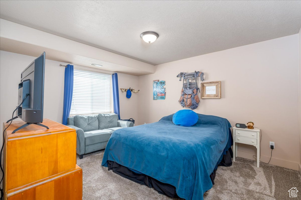 Bedroom with carpet floors and a textured ceiling