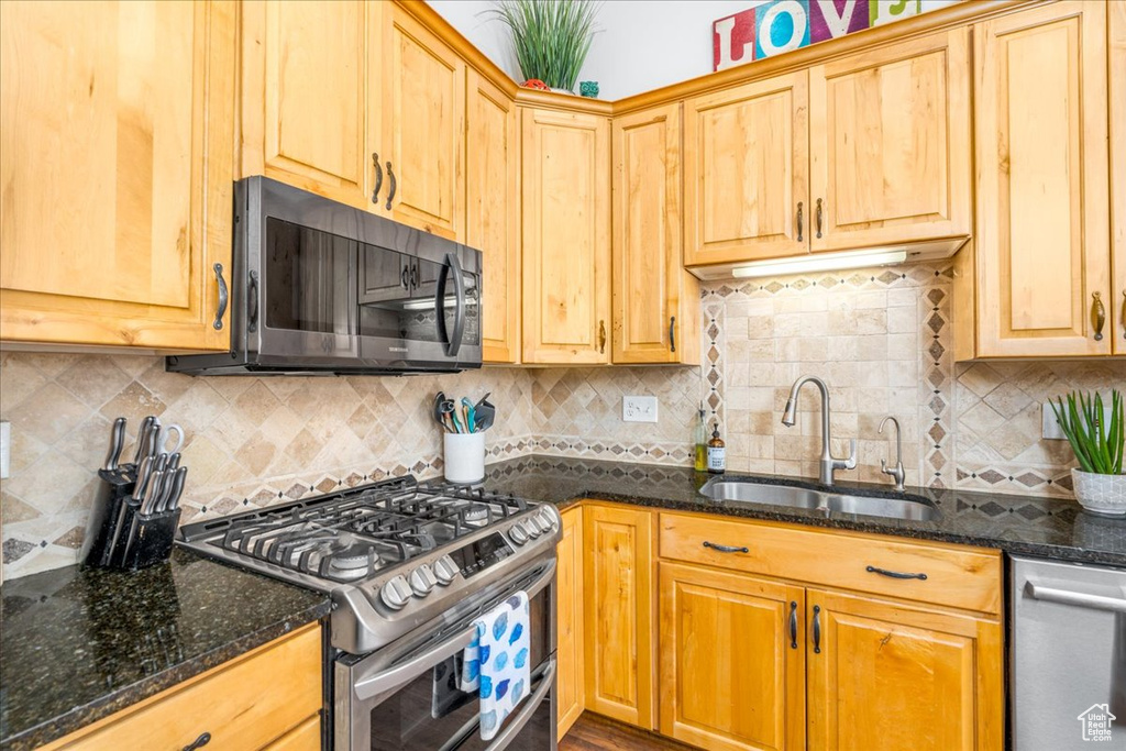 Kitchen with sink, tasteful backsplash, dark stone countertops, and stainless steel appliances