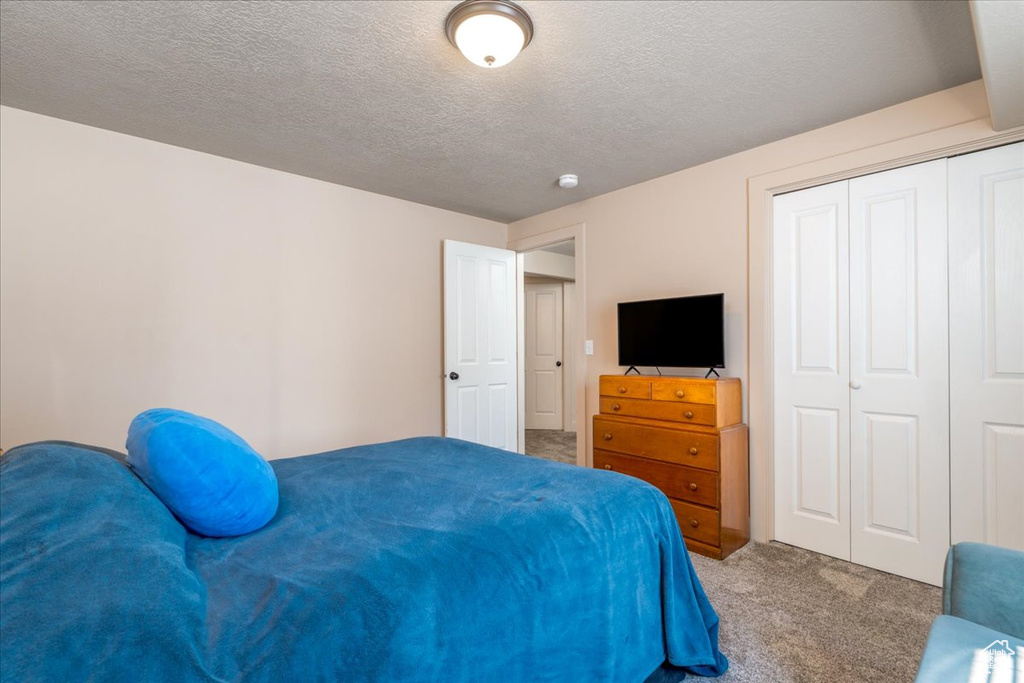 Carpeted bedroom with a closet and a textured ceiling