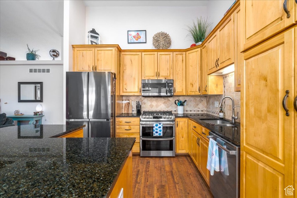 Kitchen featuring dark hardwood / wood-style floors, stainless steel appliances, dark stone countertops, backsplash, and sink