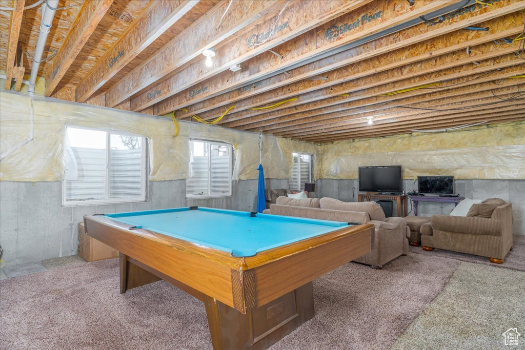 Game room with carpet floors and billiards