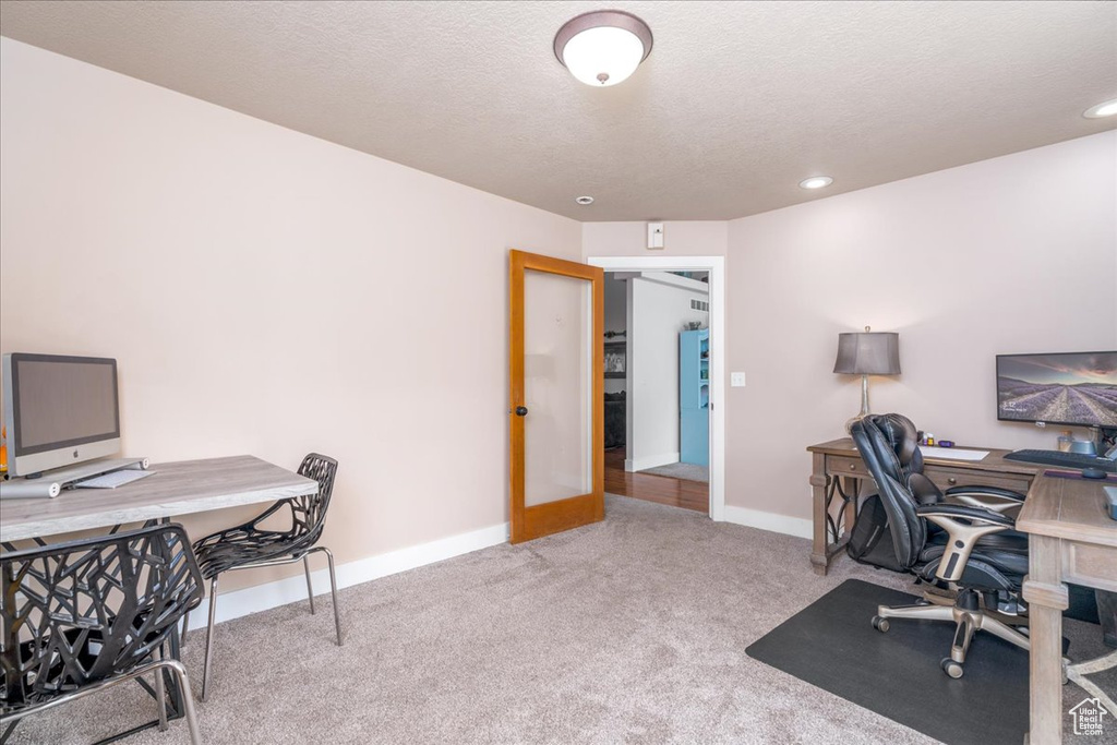 Office area featuring carpet flooring and a textured ceiling