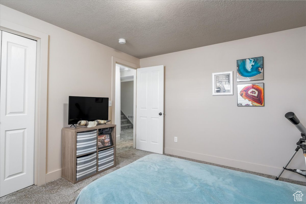 Carpeted bedroom with a textured ceiling