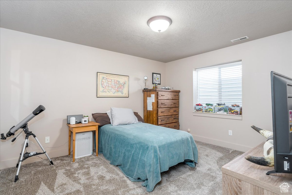 Carpeted bedroom with a textured ceiling