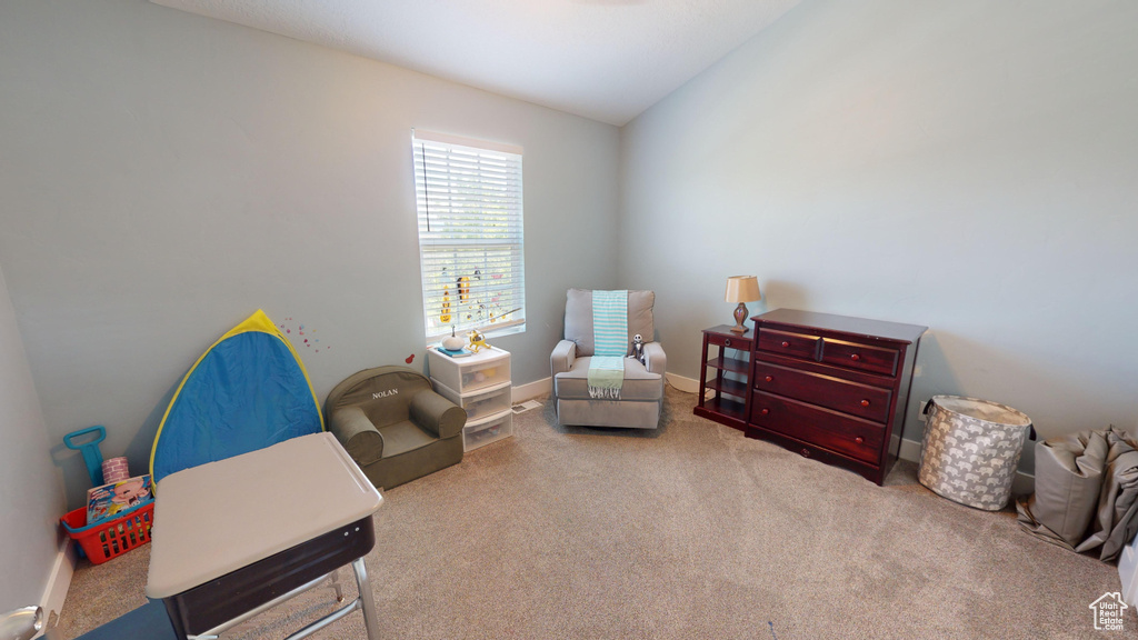 Sitting room featuring lofted ceiling and carpet