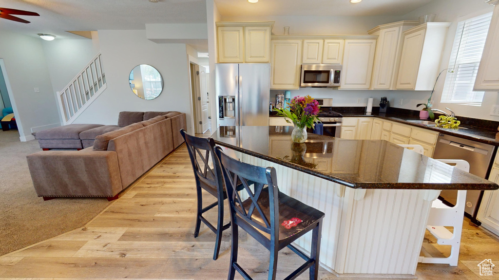 Kitchen with ceiling fan, light hardwood / wood-style flooring, a breakfast bar, and appliances with stainless steel finishes