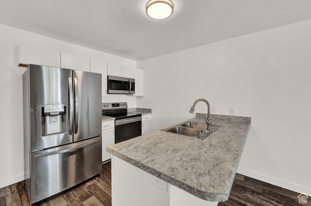 Kitchen with kitchen peninsula, stainless steel appliances, dark wood-type flooring, sink, and white cabinets