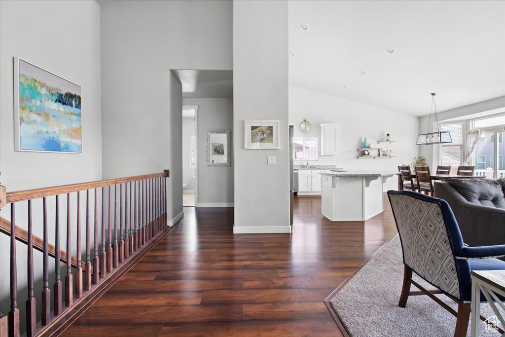 Interior space featuring high vaulted ceiling and dark wood-type flooring