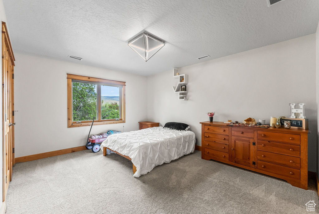 Bedroom featuring a textured ceiling and light colored carpet