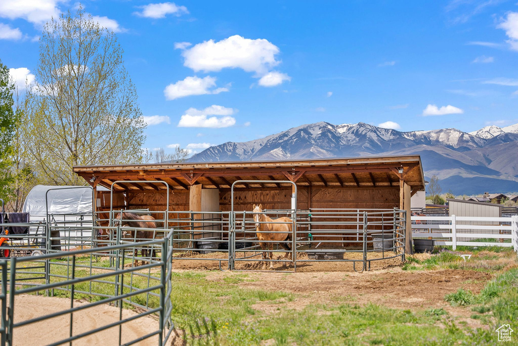 View of shed / structure featuring a mountain view