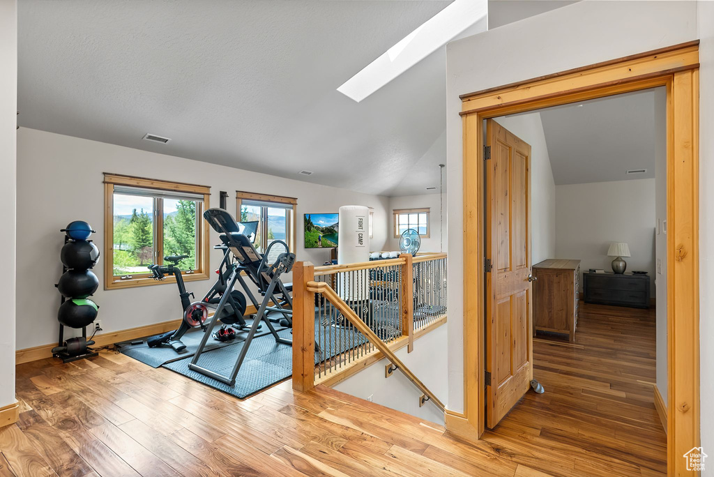 Exercise room with wood-type flooring, plenty of natural light, and lofted ceiling with skylight