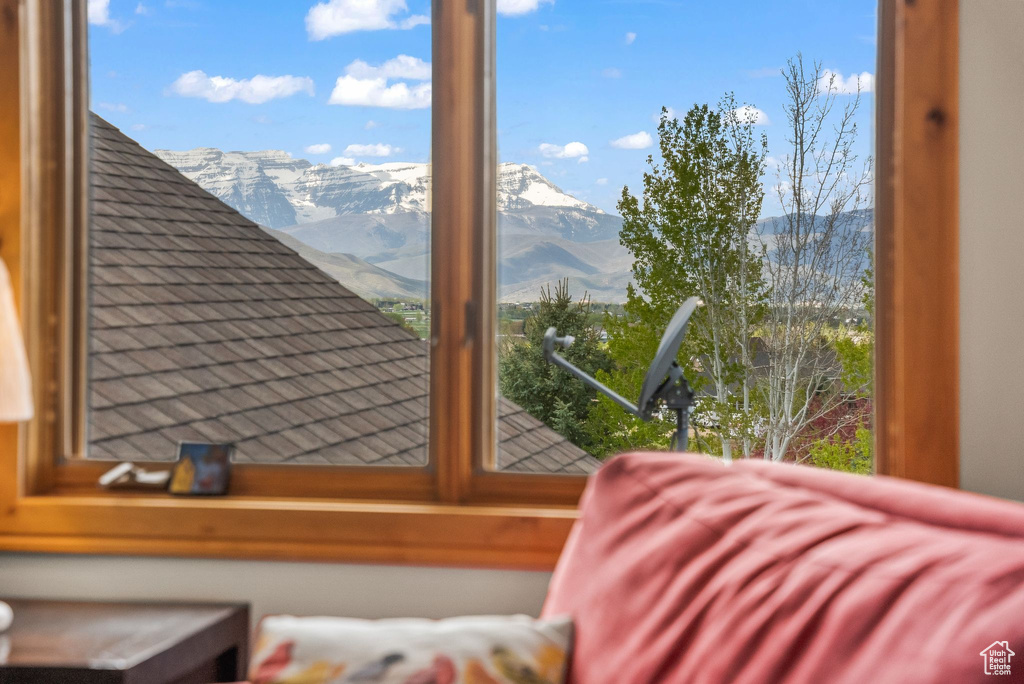 Interior space with a mountain view