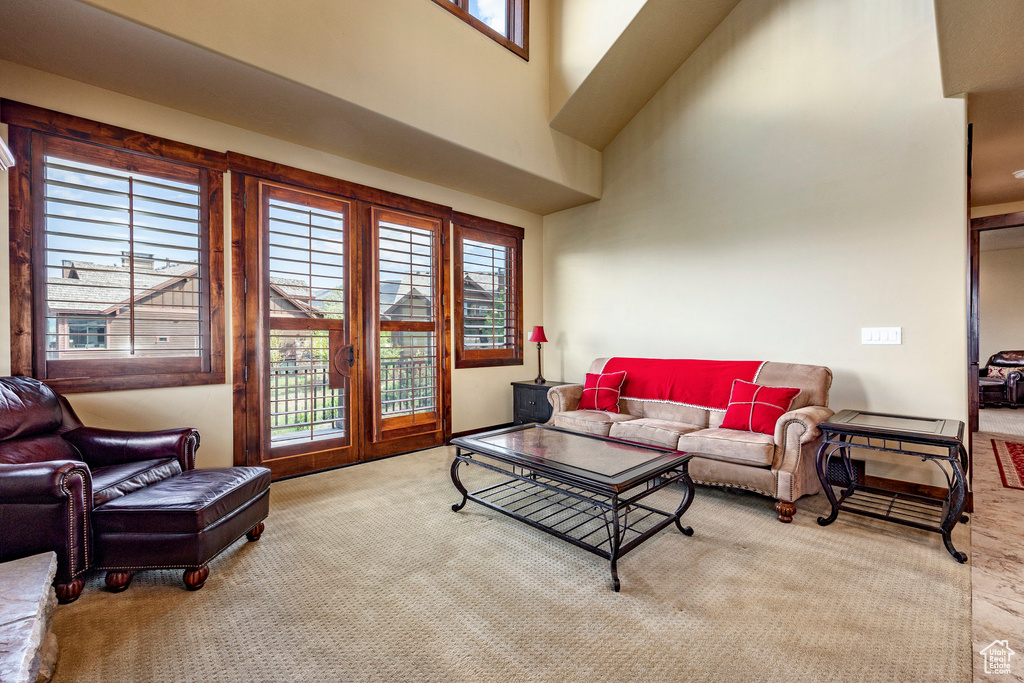 Living room with a wealth of natural light and carpet flooring