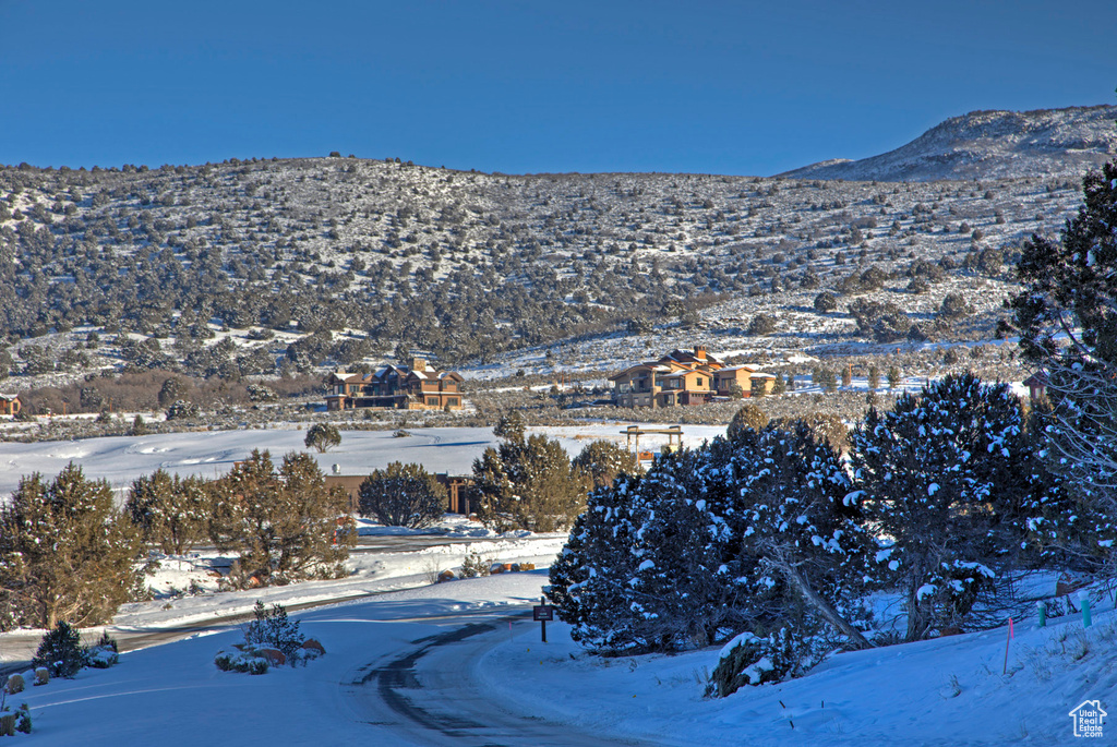 Snowy aerial view featuring a mountain view