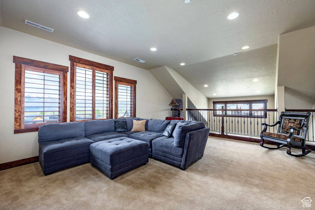 Living room featuring a wealth of natural light, a textured ceiling, and light colored carpet