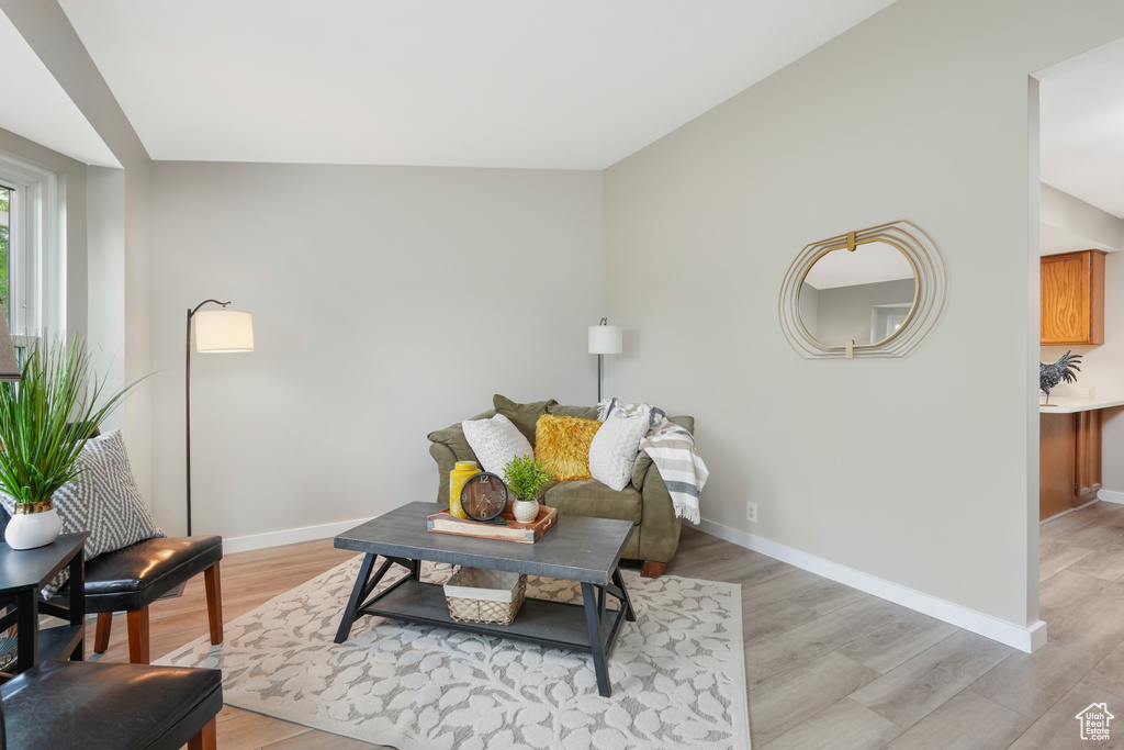 Living room featuring light hardwood / wood-style floors and lofted ceiling