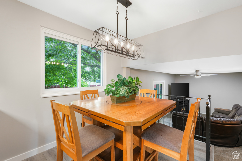 Dining space with plenty of natural light, ceiling fan with notable chandelier, and light hardwood / wood-style flooring